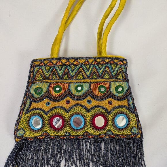 Vibrant Yellow Embellished Boho Purse with Beaded Fringe - Picture 1 of 7